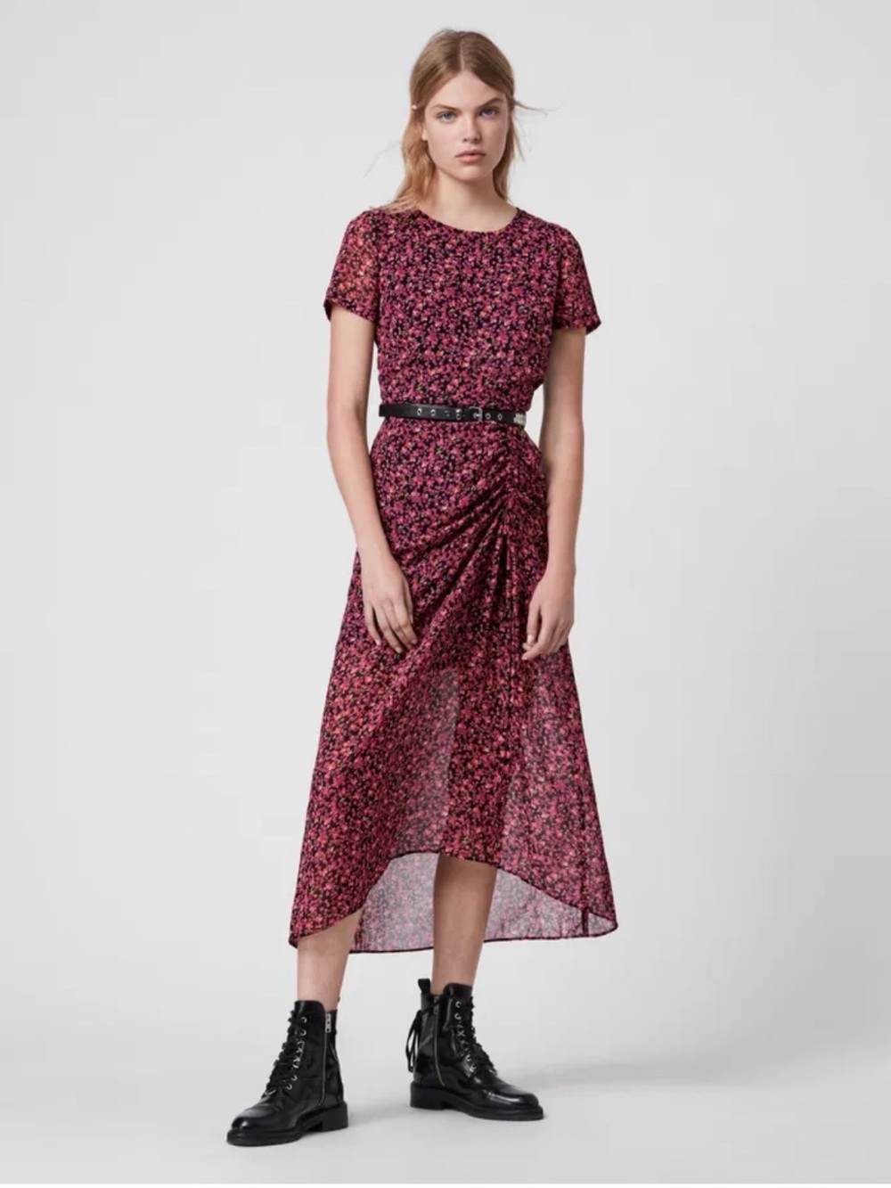 AllSaints Black Midi Dress with Pink Floral Print